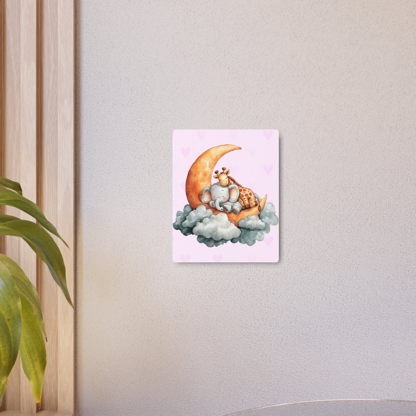Watercolor Elephant & Giraffe Moon Slumber - Pink Pastel Metal Wall Art