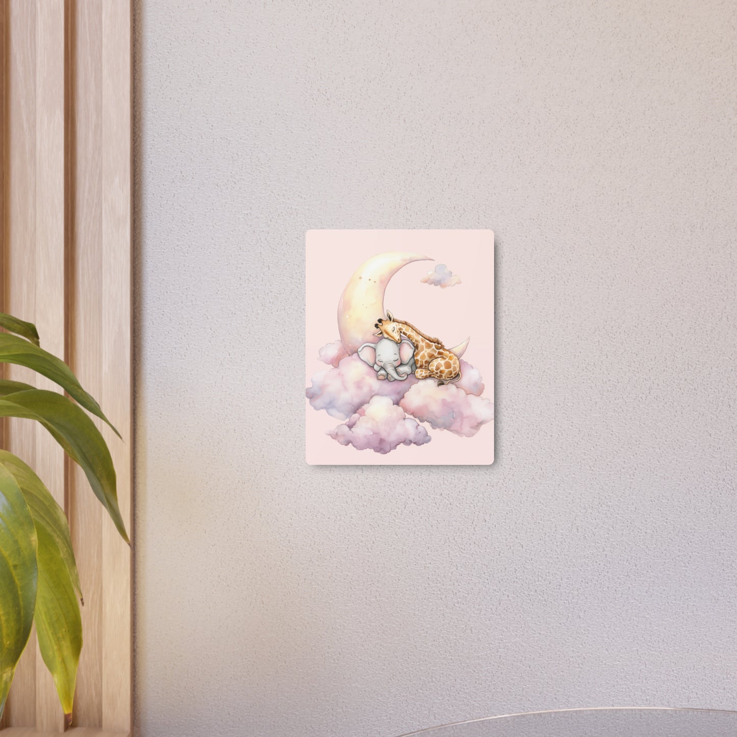 "Charming Baby Elephant with Giraffe, Moon-Themed Metal Wall Art Sign"