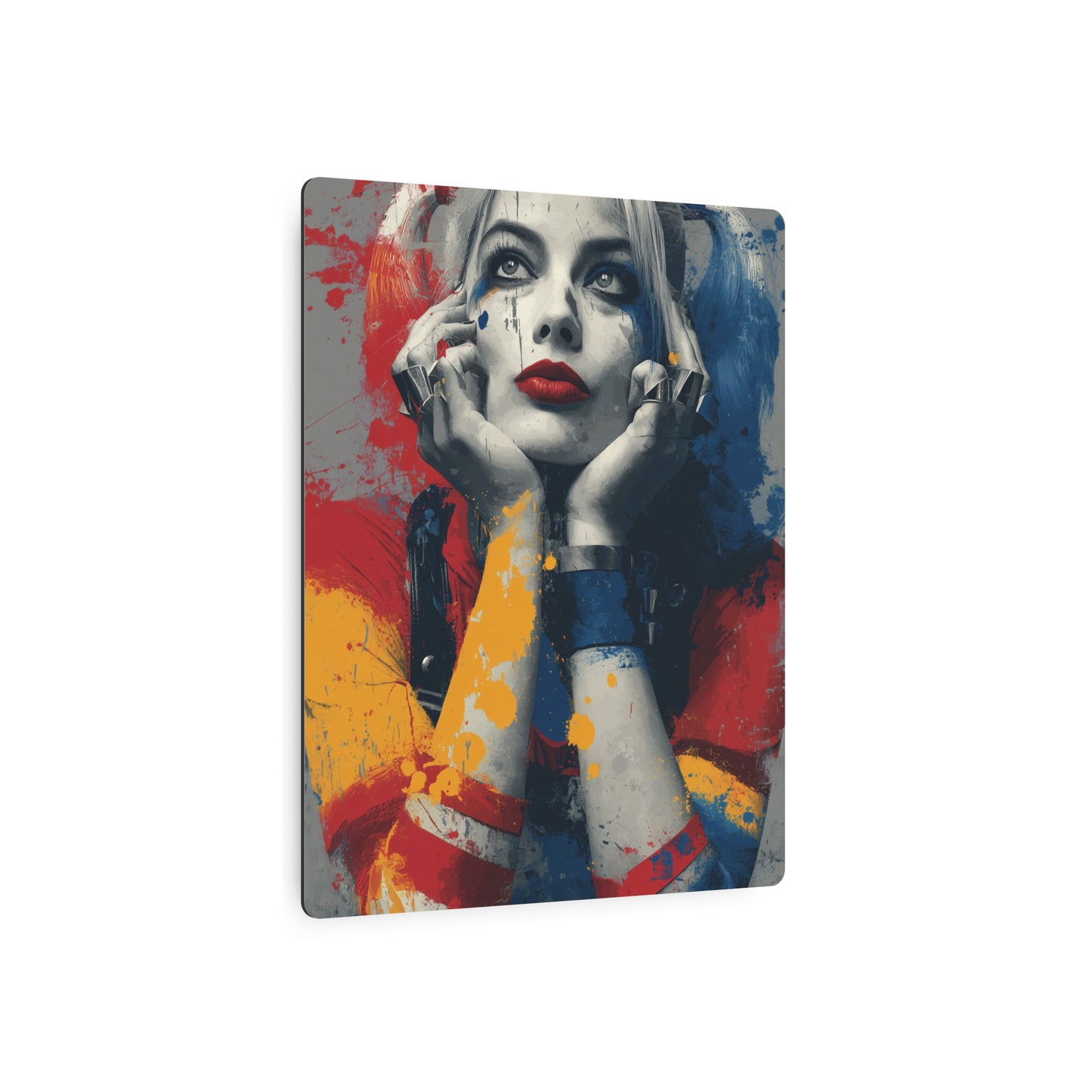 "Harley Quinn Close-Up Metal Wall Art | Urban Abstract Vector Splatter Design"