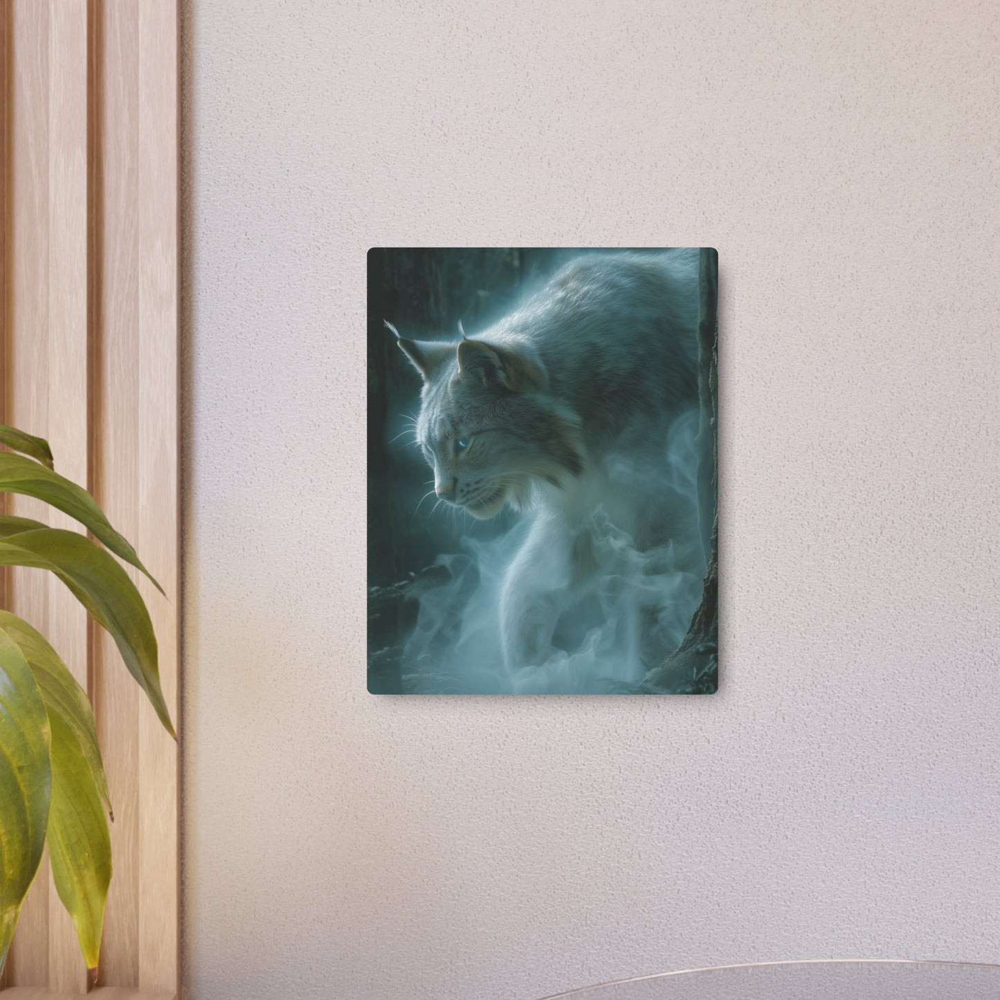 Ghostly Lynx Midnight Prowl Metal Wall Art - Ethereal Blue Eyes Forest Theme