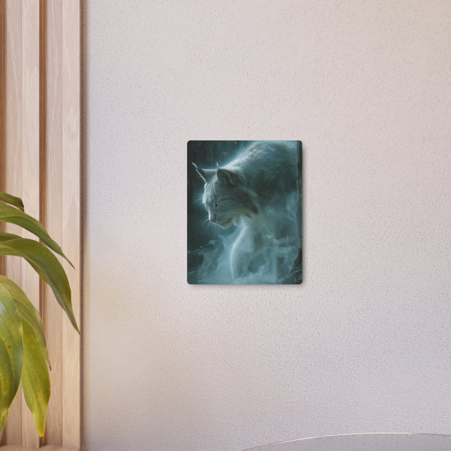 Ghostly Lynx Midnight Prowl Metal Wall Art - Ethereal Blue Eyes Forest Theme