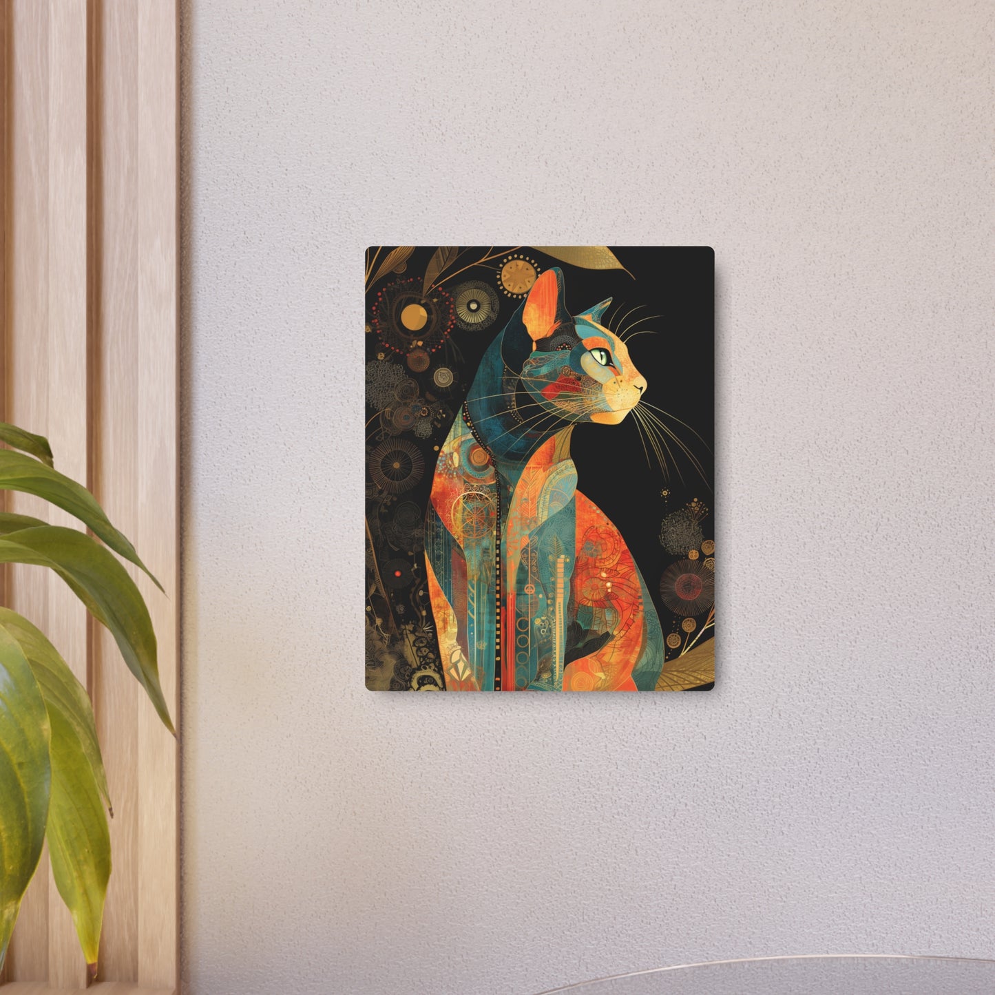 "Stunning Jeweled Space Cat Metal Wall Art - Modern, Intricate Feline Design"