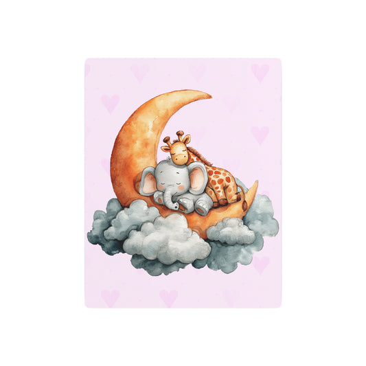 Watercolor Elephant & Giraffe Moon Slumber - Pink Pastel Metal Wall Art - Metal Wall Art Print