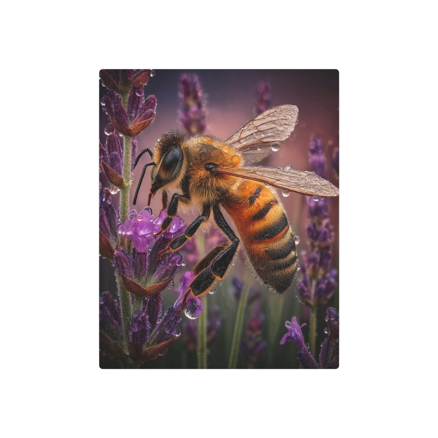 Metal Art Sign - Macro Photography Water Droplet Honeybee Lavender Field - Metal Wall Art Print