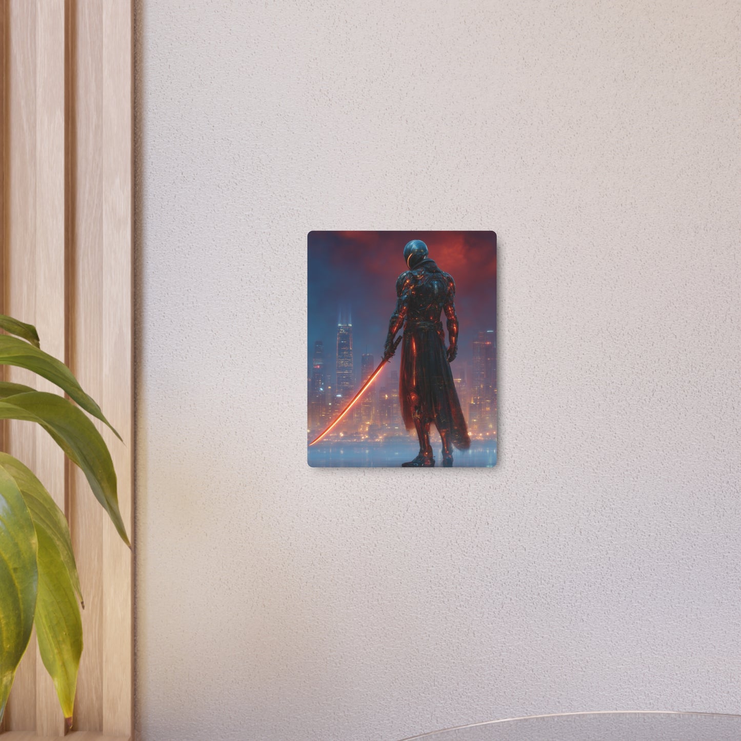 Glowing Sword Cyberpunk Knight Metal Wall Art – Futuristic City Theme