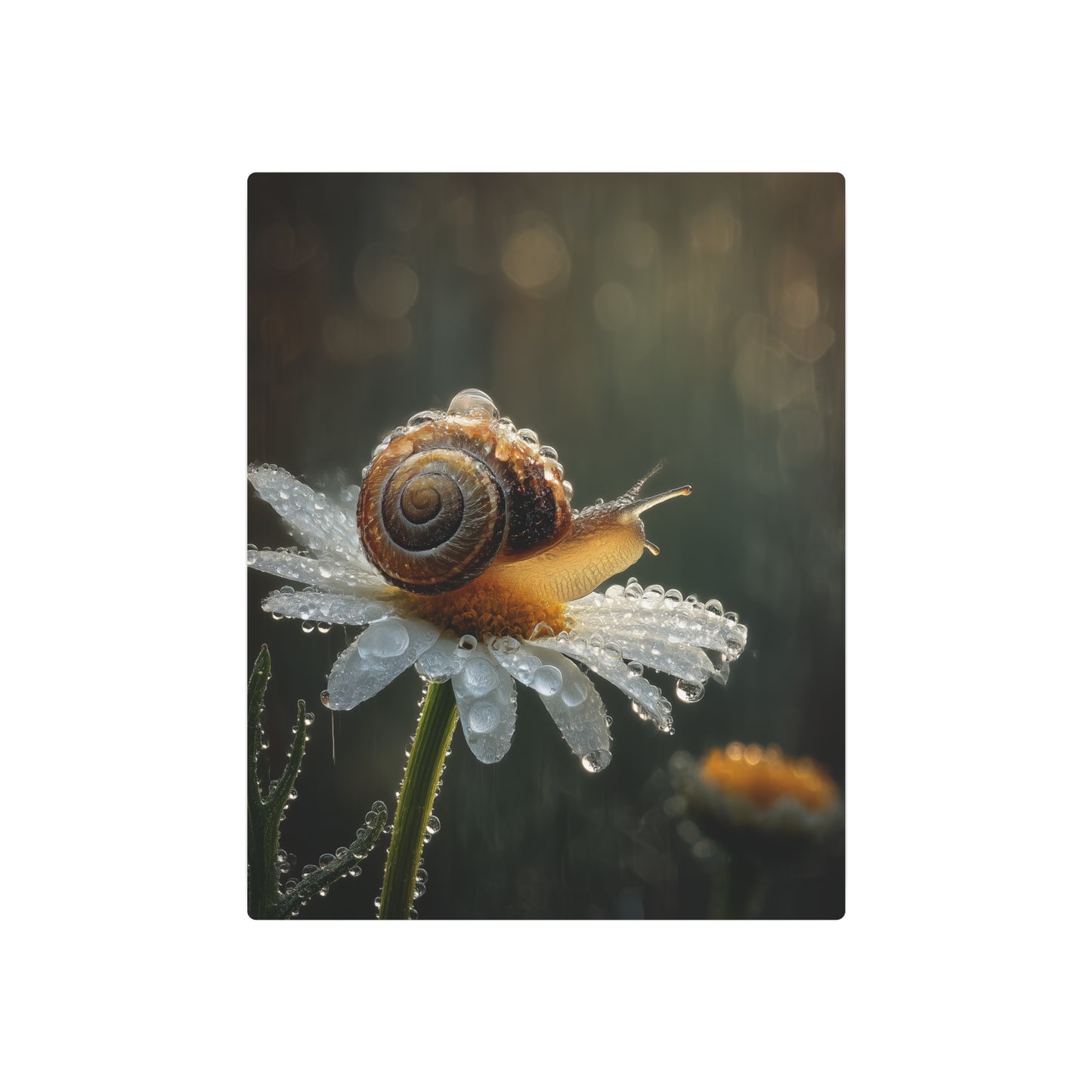 Metal Art Sign - Macro Photography Water Droplet Lens Snail and Daisy - Metal Wall Art Print