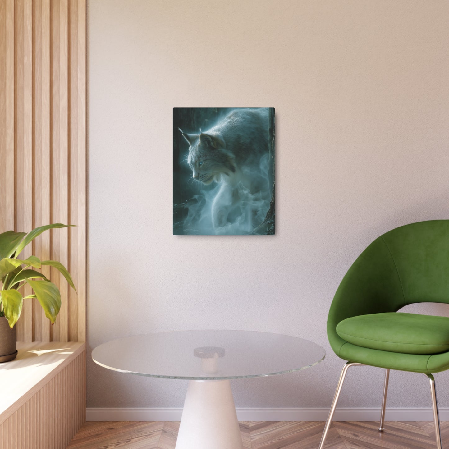 Ghostly Lynx Midnight Prowl Metal Wall Art - Ethereal Blue Eyes Forest Theme