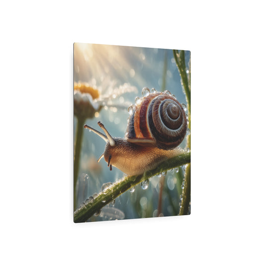 Metal Art Sign - Macro Photography Water Droplet Lens Snail and Daisy Scene - Metal Wall Art Print