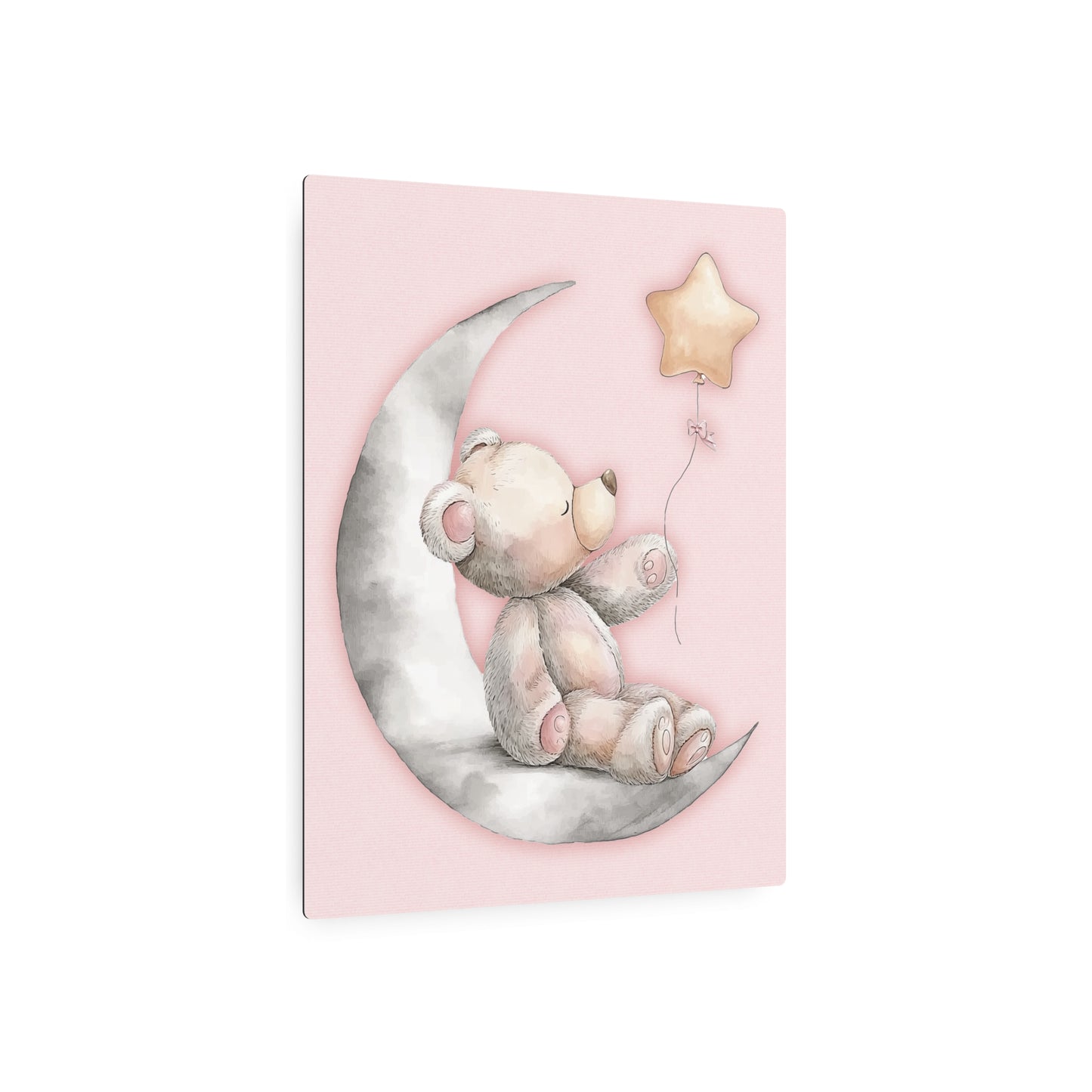 Nursery Teddy Bear & Star Balloon Metal Wall Art Sign – Decor in Soft Pink & Gray Tones