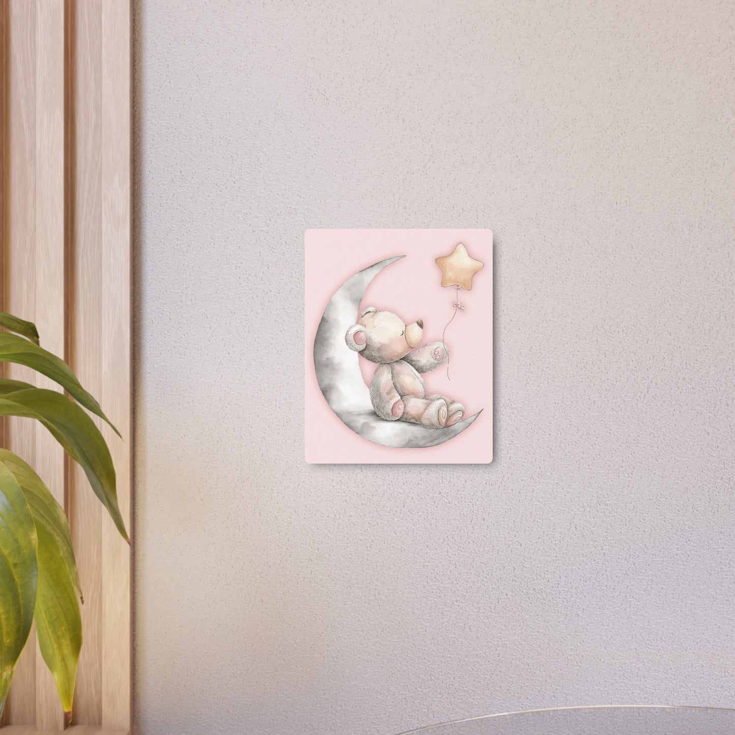Nursery Teddy Bear & Star Balloon Metal Wall Art Sign – Decor in Soft Pink & Gray Tones