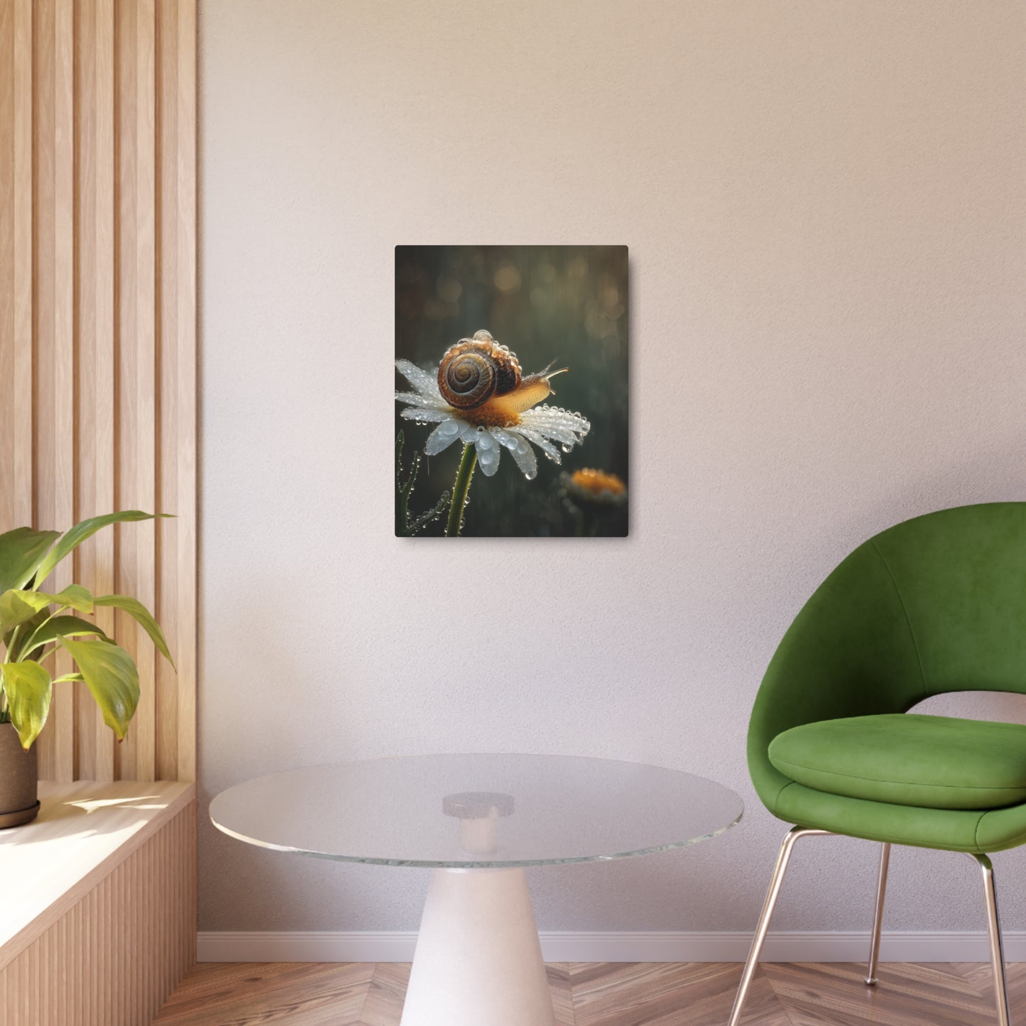 Metal Art Sign - Macro Photography Water Droplet Lens Snail and Daisy