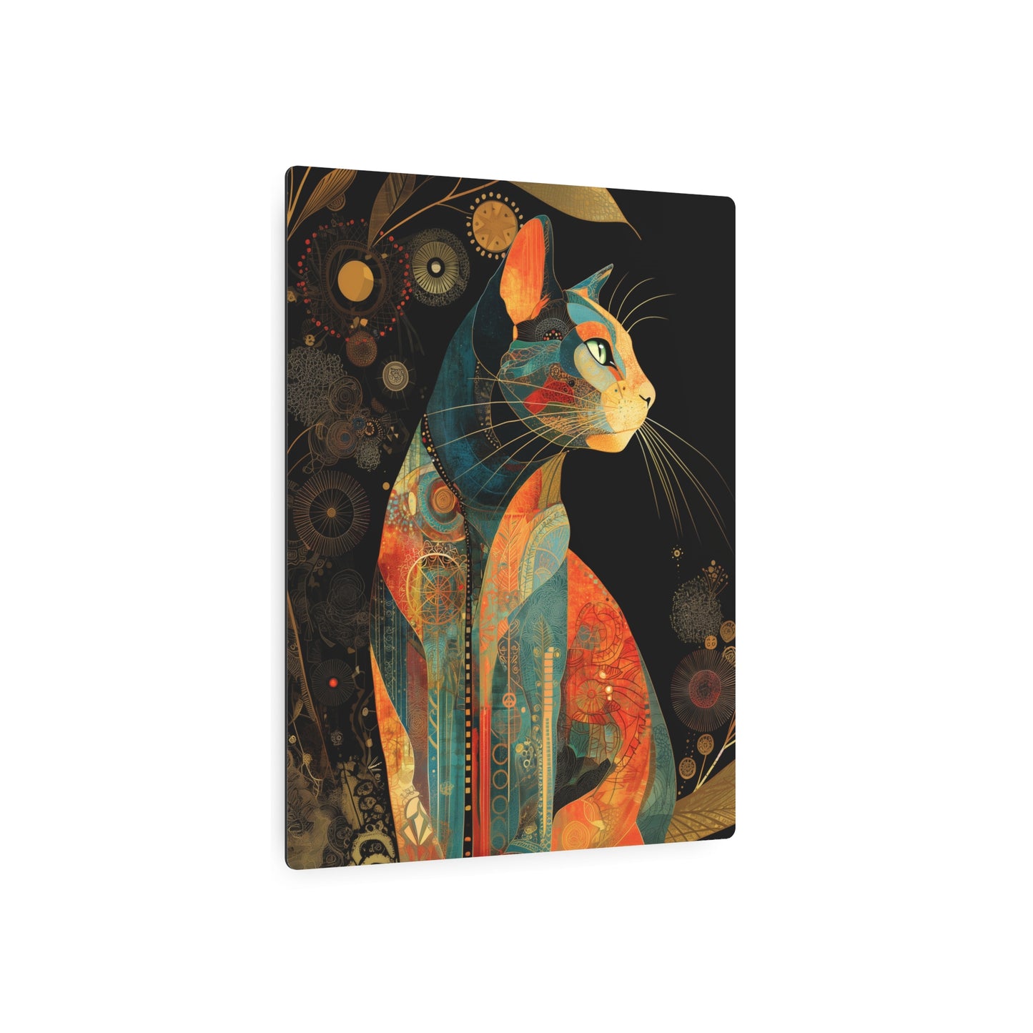 "Stunning Jeweled Space Cat Metal Wall Art - Modern, Intricate Feline Design"