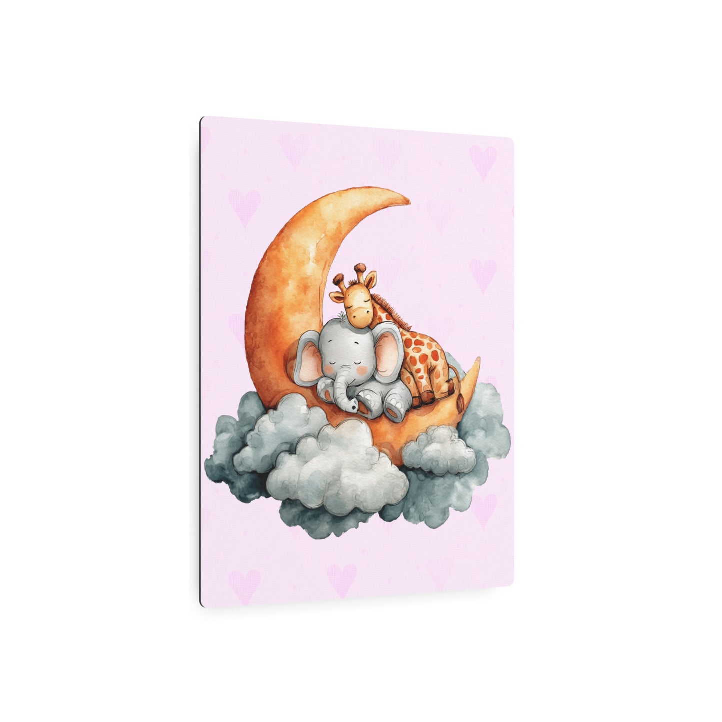 Watercolor Elephant & Giraffe Moon Slumber - Pink Pastel Metal Wall Art