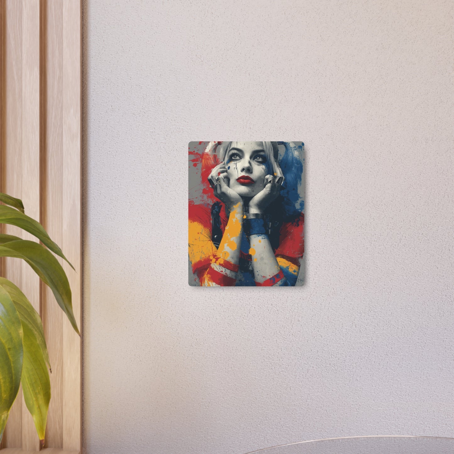 "Harley Quinn Close-Up Metal Wall Art | Urban Abstract Vector Splatter Design"