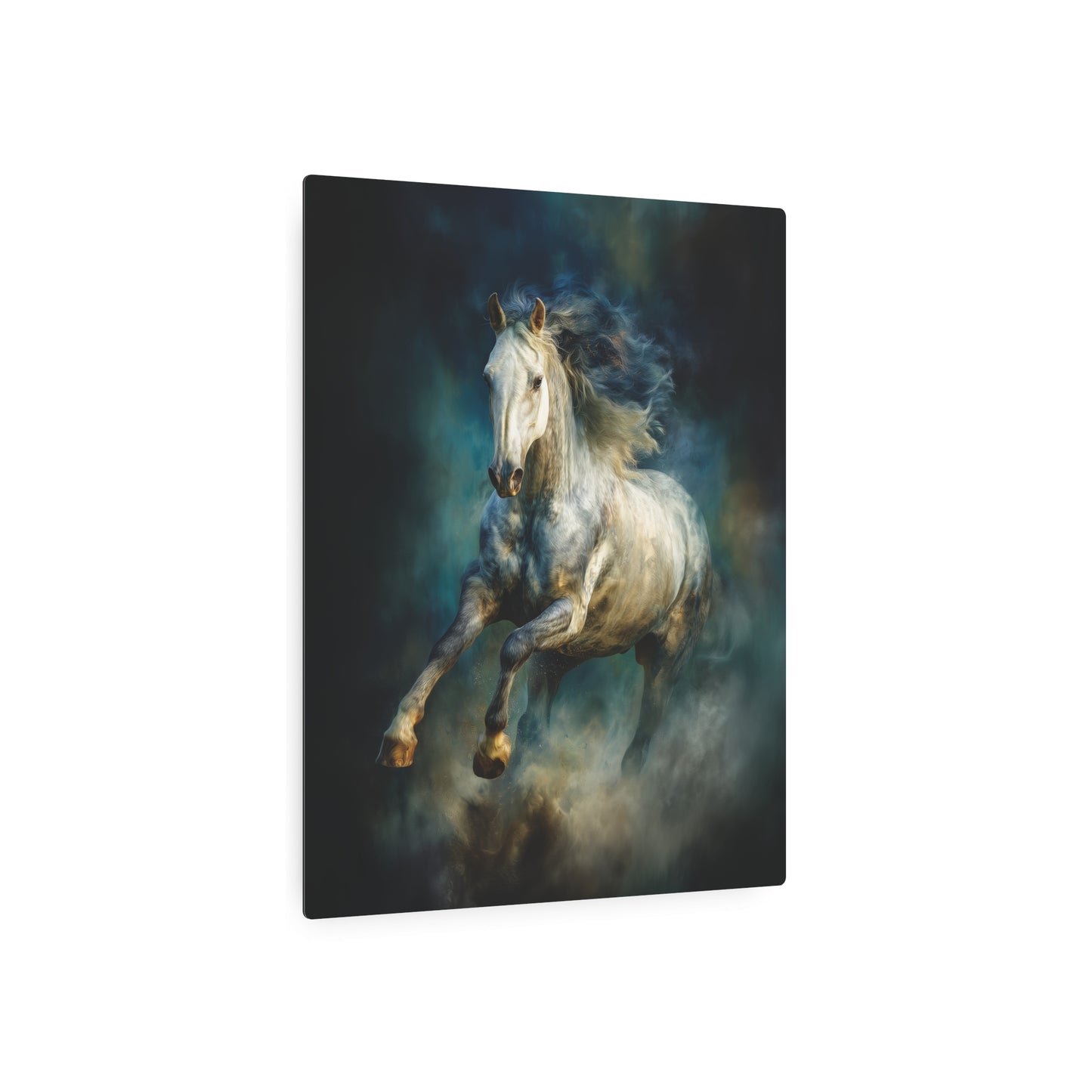 Energetic White Horse Metal Wall Art in Dark Blues and Greens