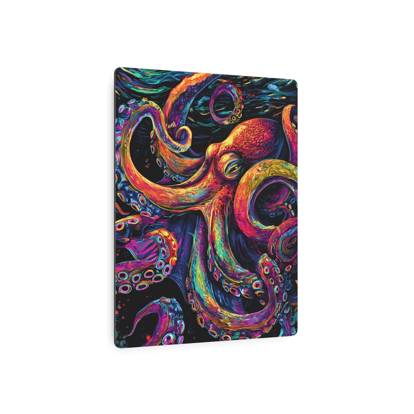 Striking Dan Mumford Style Metal Wall Art "Colorful Octopus" on Black Background