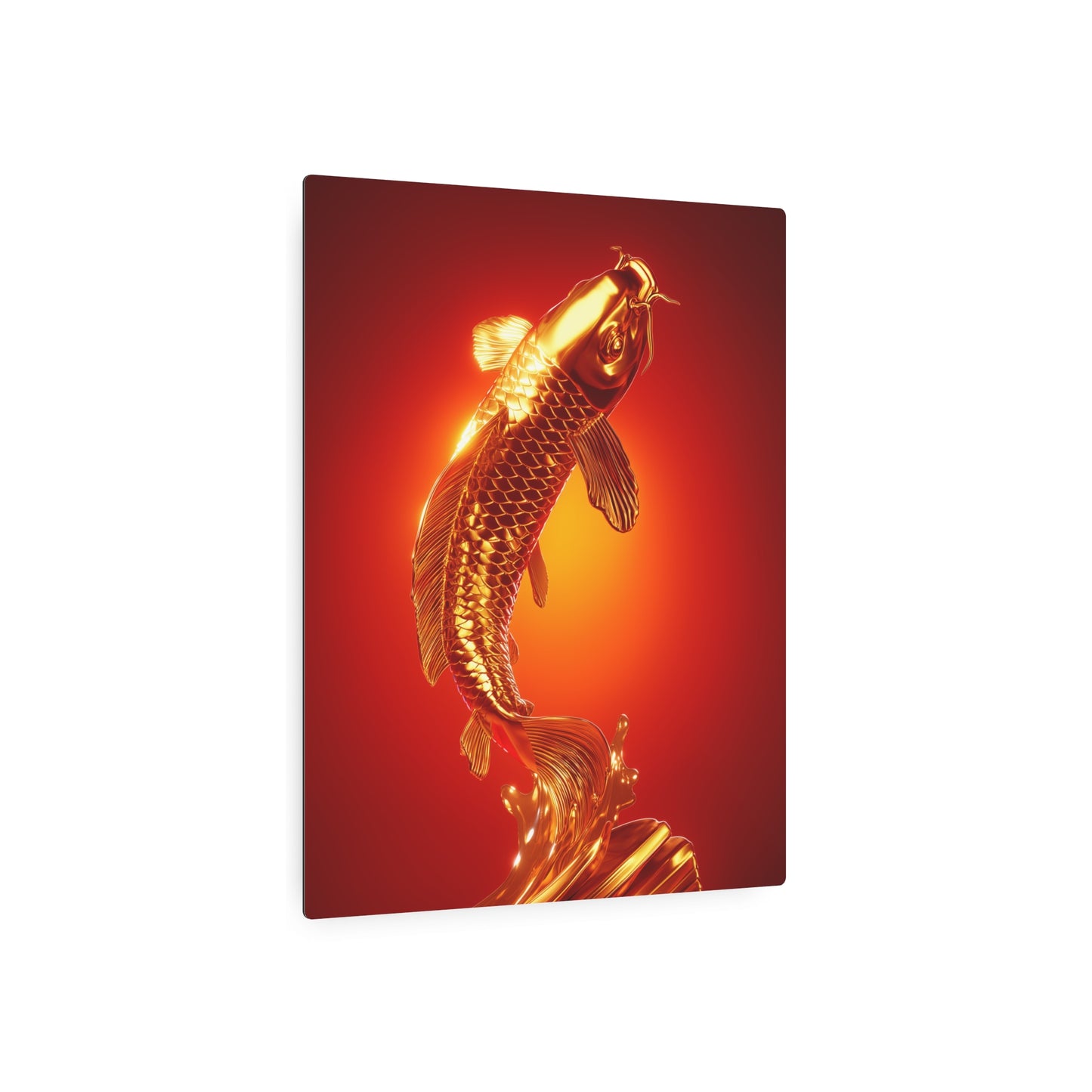 "Lively Golden Koi Fish Metal Sign: Red Gradient Splash Wall Art"