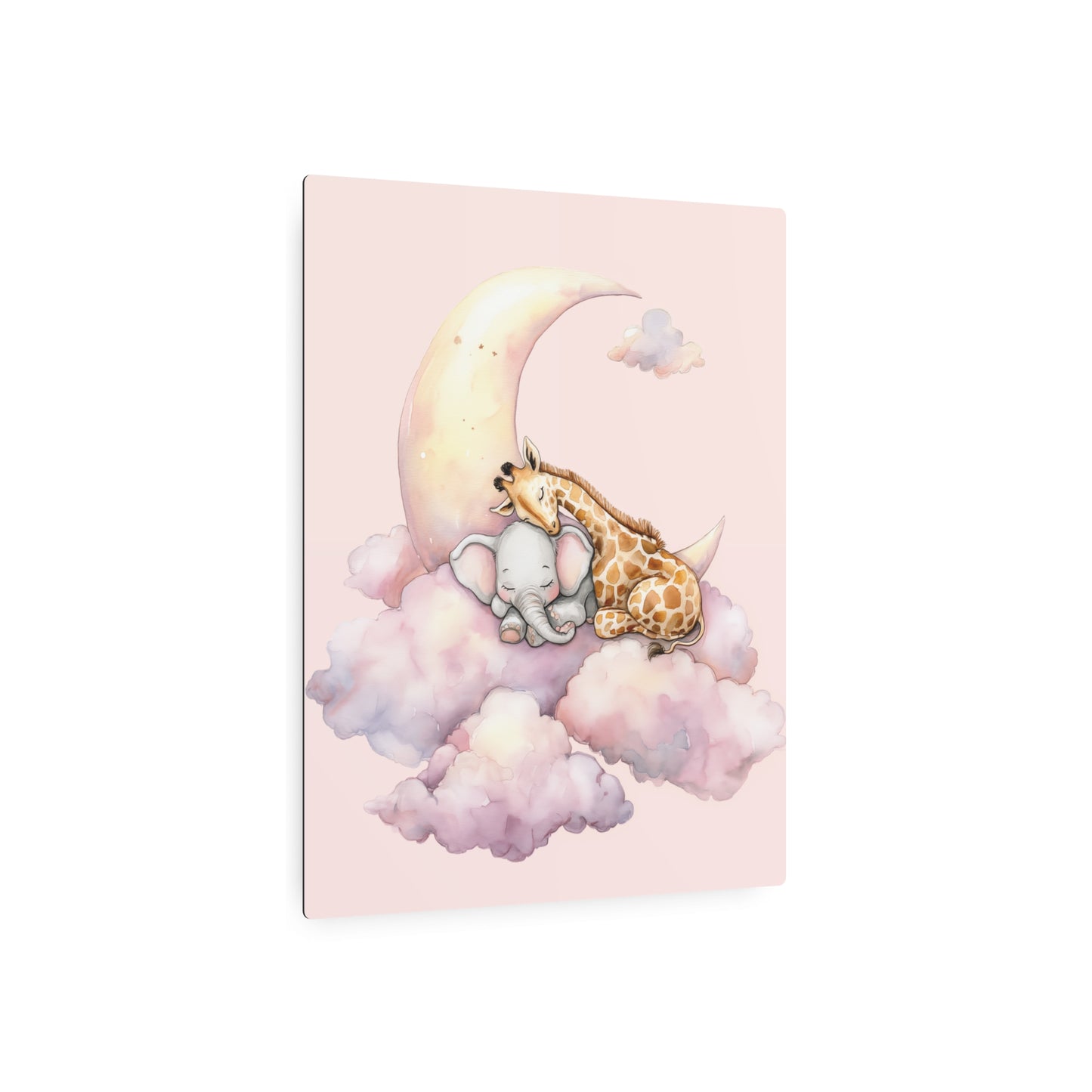"Charming Baby Elephant with Giraffe, Moon-Themed Metal Wall Art Sign"