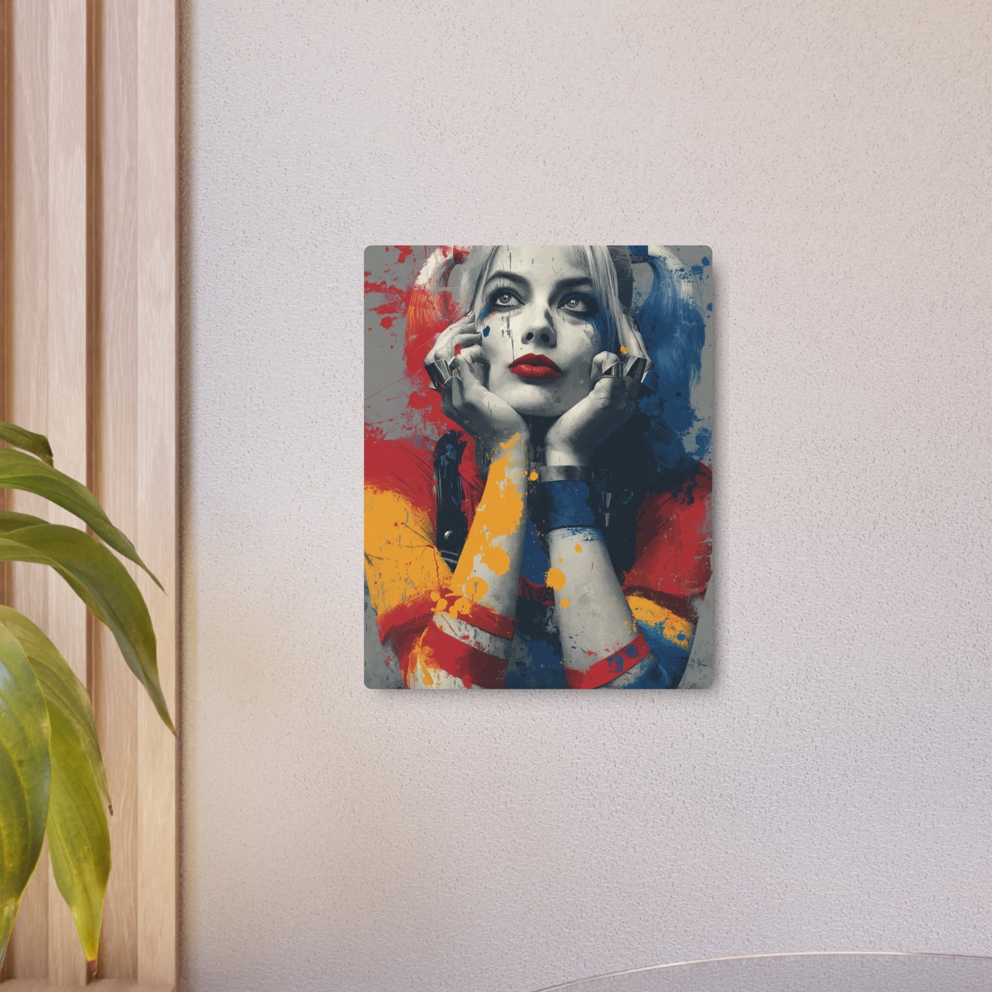 "Harley Quinn Close-Up Metal Wall Art | Urban Abstract Vector Splatter Design"