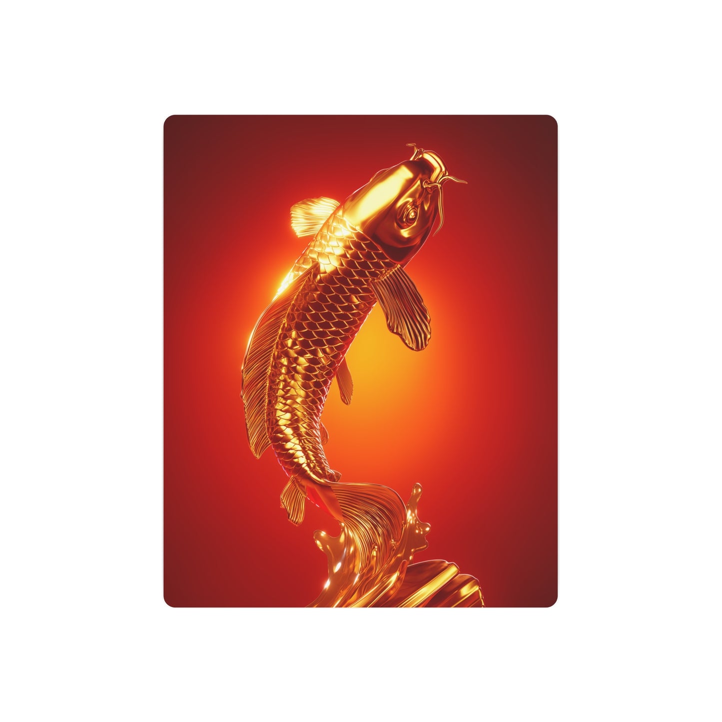 "Lively Golden Koi Fish Metal Sign: Red Gradient Splash Wall Art" - Metal Wall Art Print