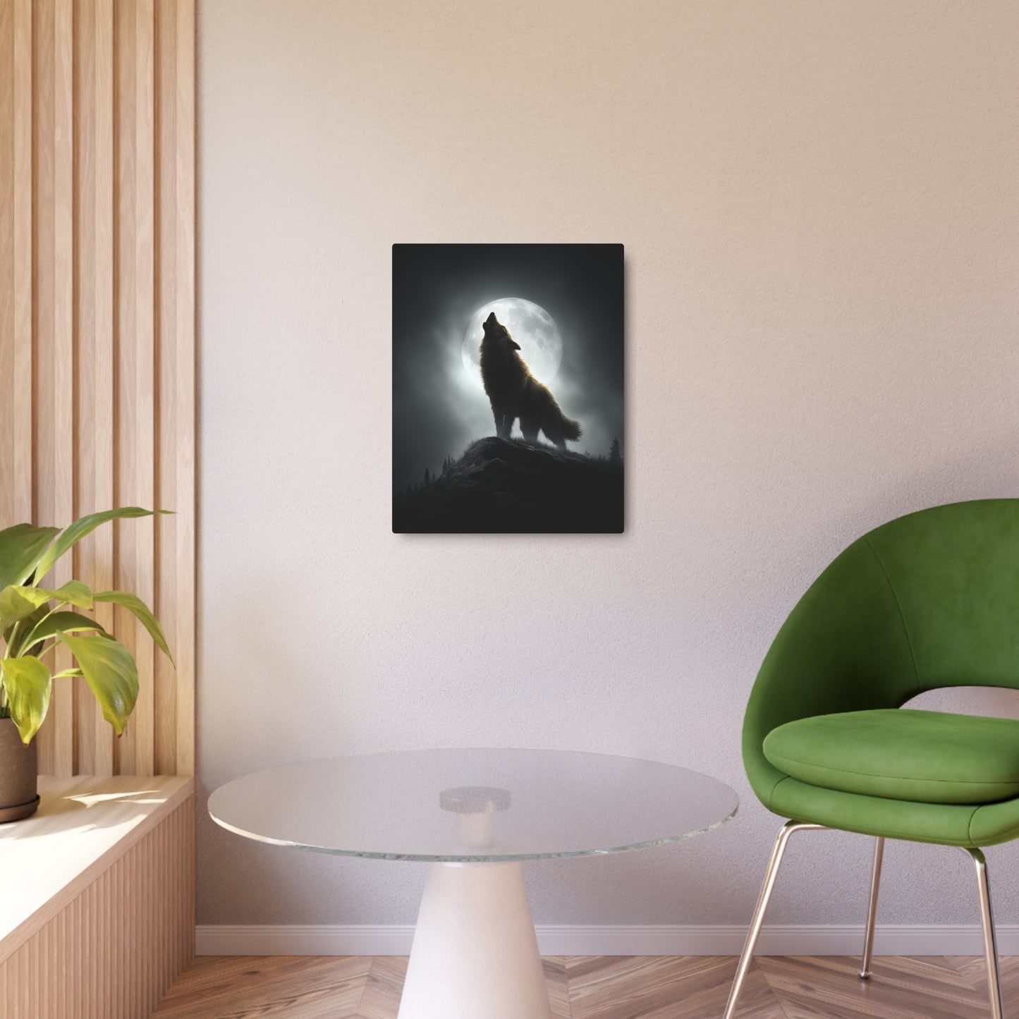 Hyperrealistic Metal Wall Art: Detailed Werewolf Silhouette Howling at Moon
