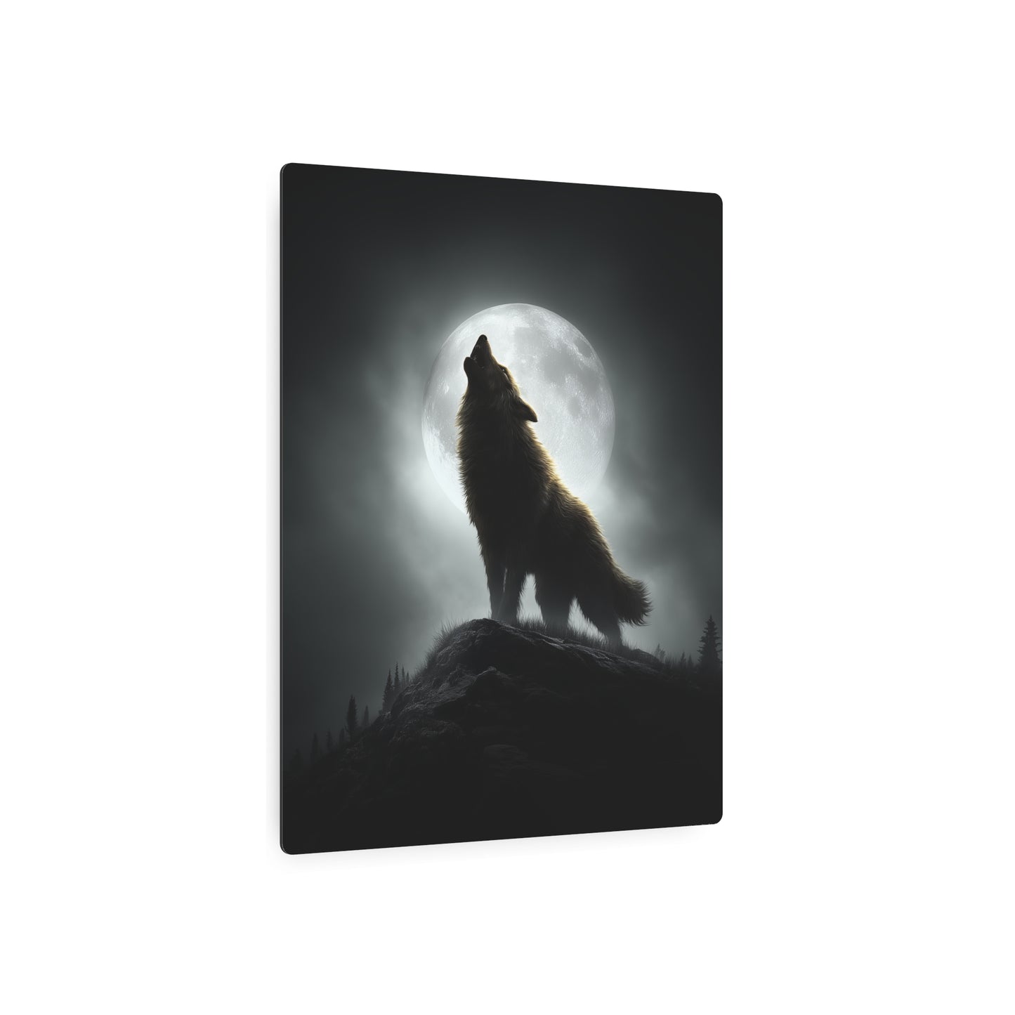 Hyperrealistic Metal Wall Art: Detailed Werewolf Silhouette Howling at Moon