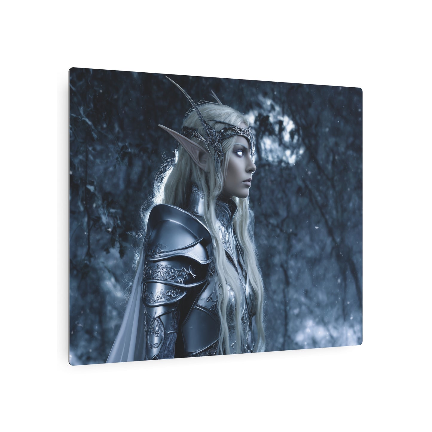 Mystical Elf Queen Metal Wall Art in Shimmering Silver Armor Decor - Metal Wall Art Print