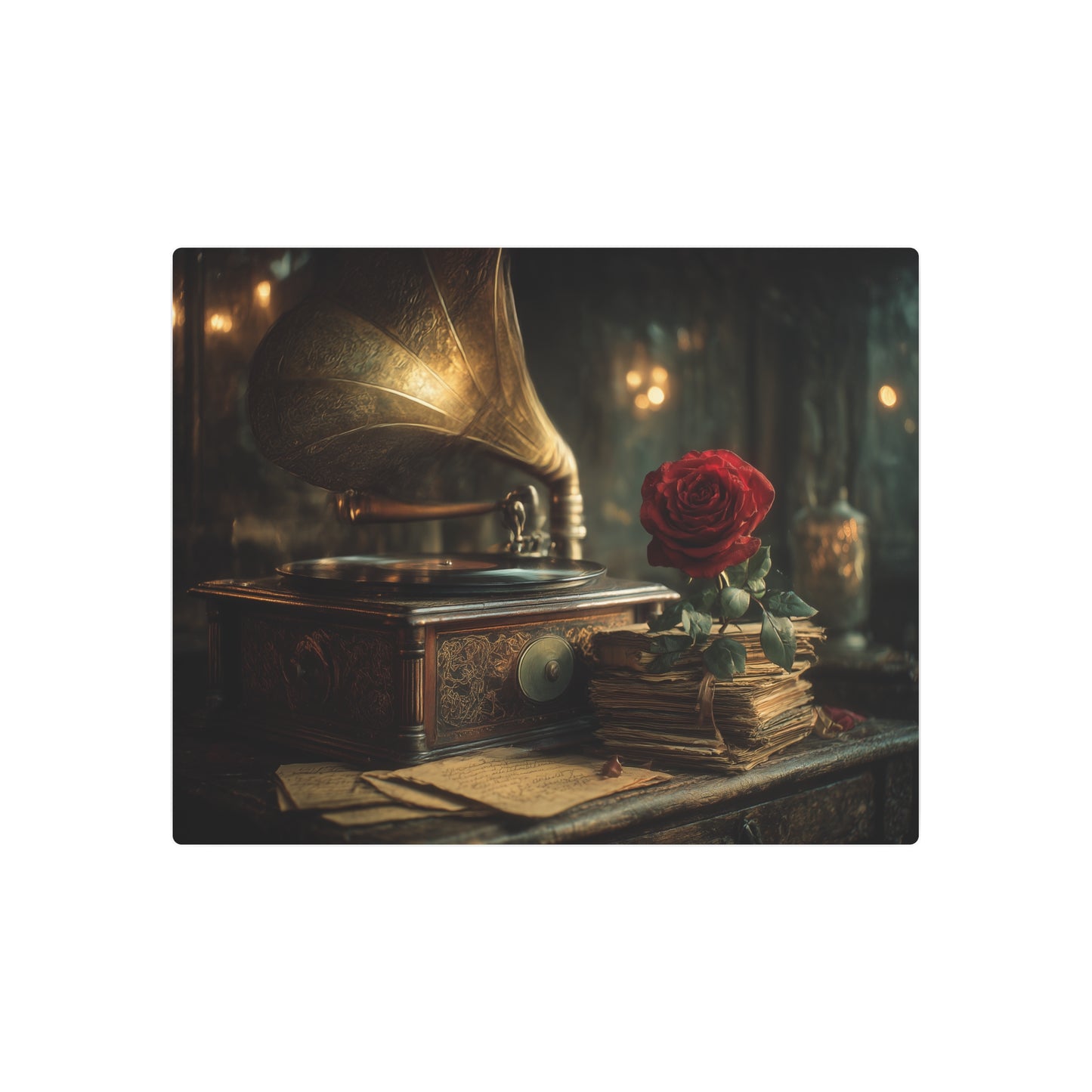 Vintage Still Life Metal Wall Art – Old Phonograph at Sunset - Metal Wall Art Print