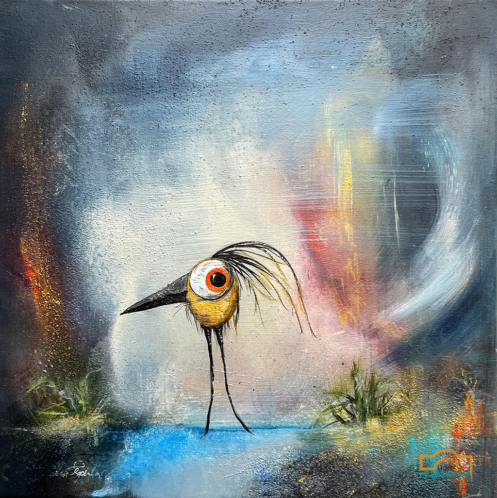 Bird Art - Abstract Bird Painting acrylic and oil on canvas - 14x14 Original Art - Metal Wall Art Print