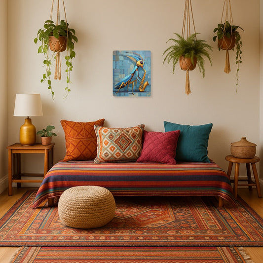 Vibrant Praying Mantis Saxophone Metal Wall Art in Muted Blue