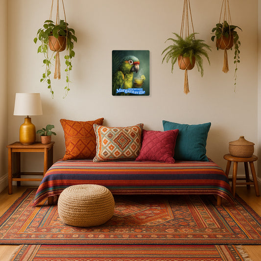 Metal Art Sign - Jimmy Buffett Cool Parrot Drinking Margarita Teardrop Eyes - Metal Wall Art Print