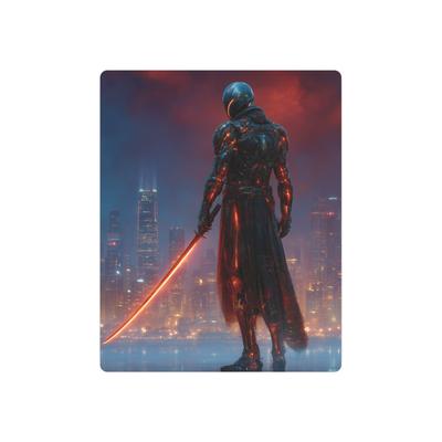 Explore the Glow of the Cyberpunk Knight Metal Wall Art – Futuristic City Theme