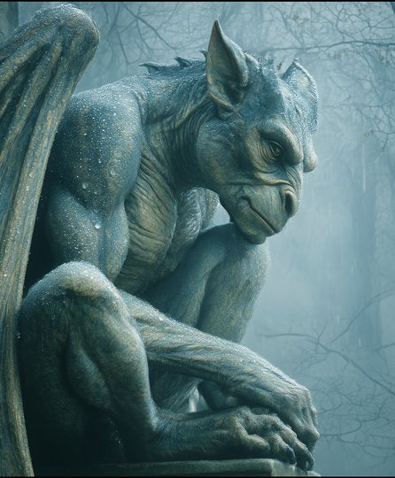 Gothic gargoyle artwork printed on metal, inspired by cathedral towers and medieval fantasy