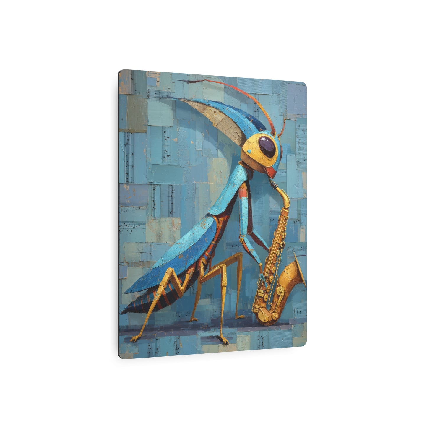 Vibrant Praying Mantis Saxophone Metal Wall Art in Muted Blue