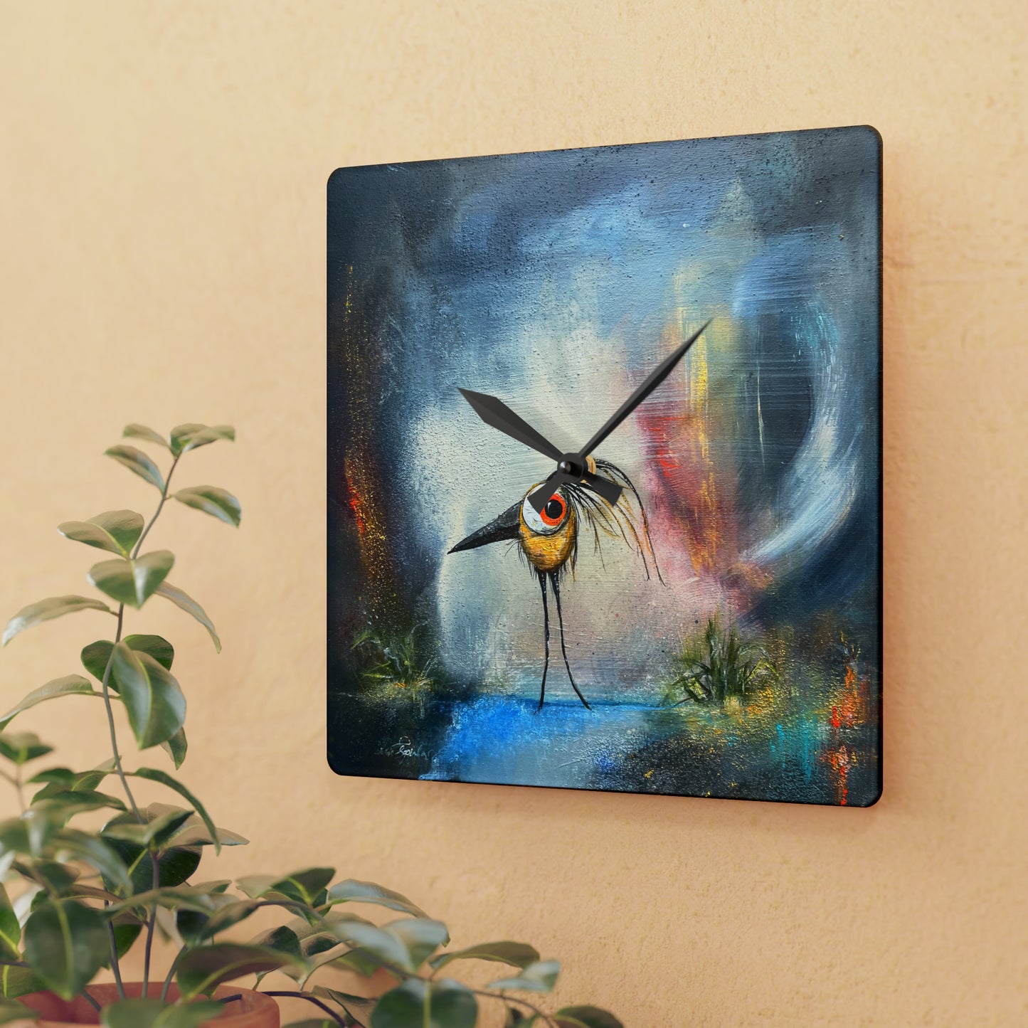 Abstract Bird Clock 'Warble' - Vibrant Wall Decor - Reprint by Asia Popinska - 10.75''×10.75'' - Acrylic, 1 of a kind item.