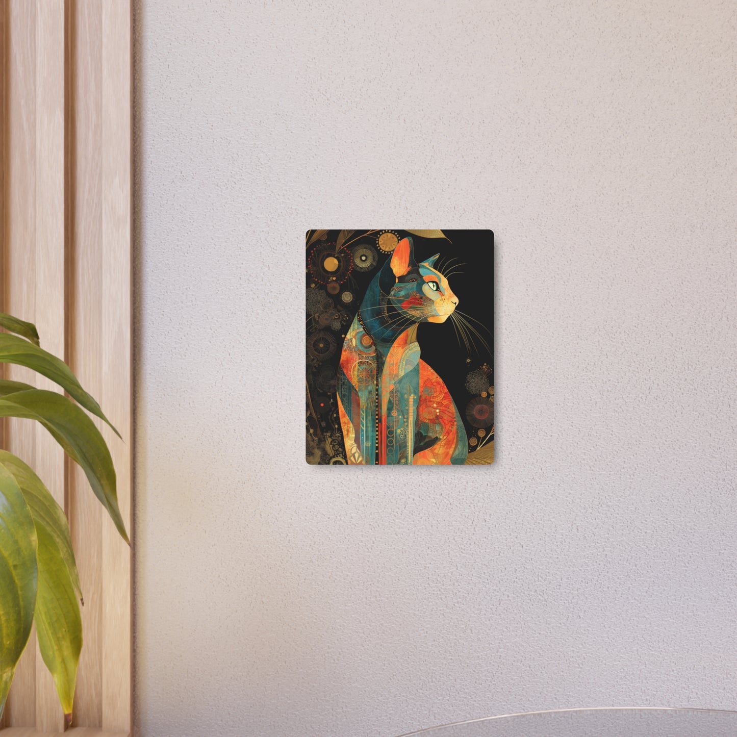 "Stunning Jeweled Space Cat Metal Wall Art - Modern, Intricate Feline Design"