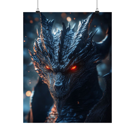 Dragon Poster - a fierce black dragon wearing silver scale armor and red eyes