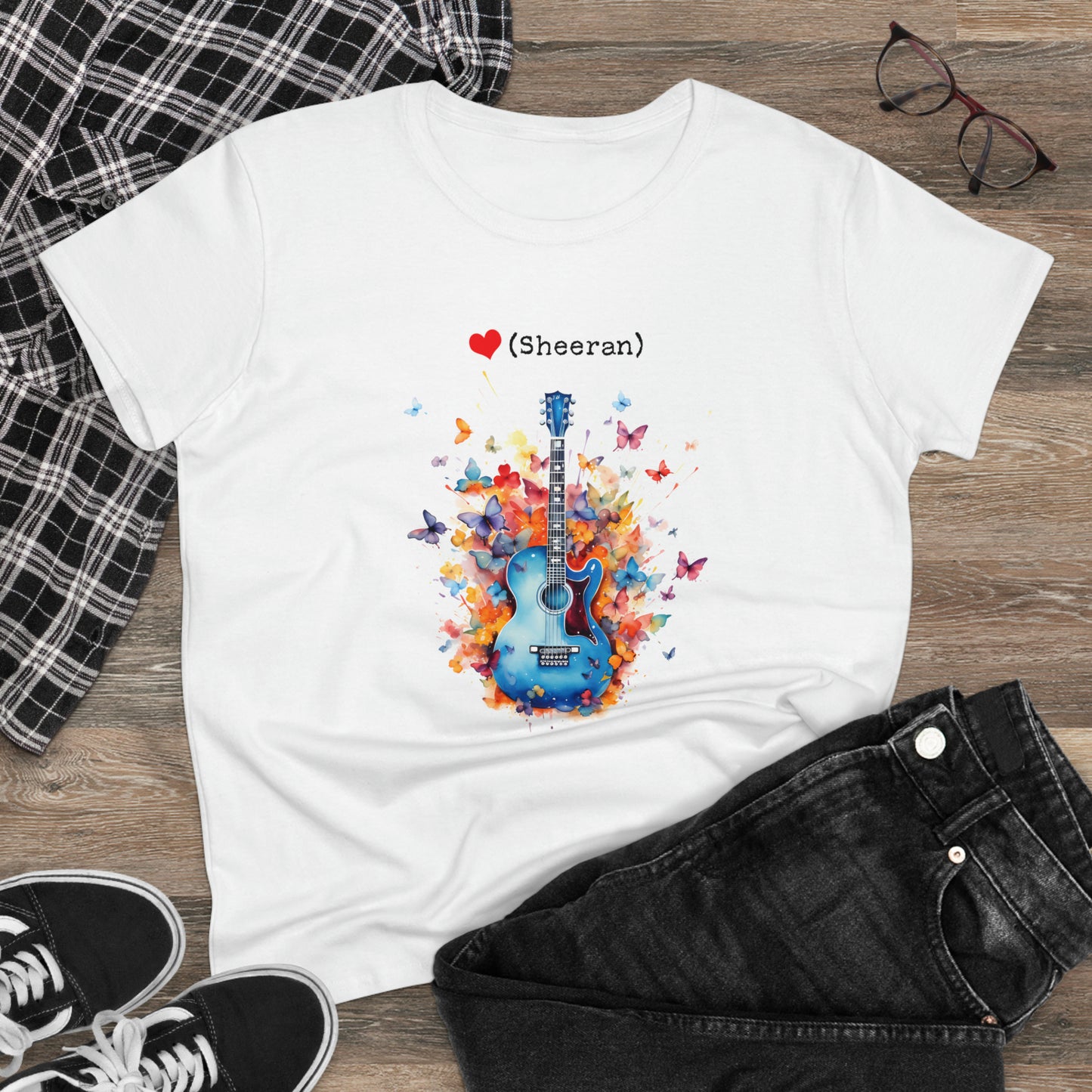 Ed Sheeran Shirt Guitar & Butterflies Watercolor Unique Custom Design Women's Midweight Cotton