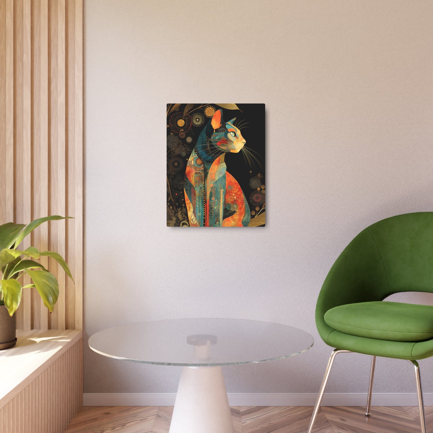 "Stunning Jeweled Space Cat Metal Wall Art - Modern, Intricate Feline Design"