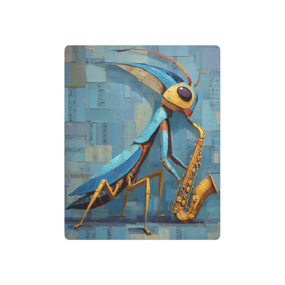 Vibrant Praying Mantis Saxophone Metal Wall Art in Muted Blue