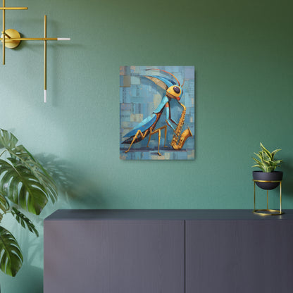 Vibrant Praying Mantis Saxophone Metal Wall Art in Muted Blue