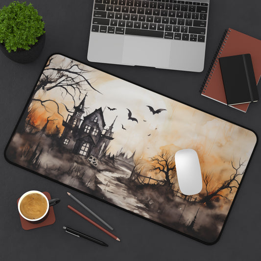 Haunted House with Bats Desk Mat - 12x22in Watercolor