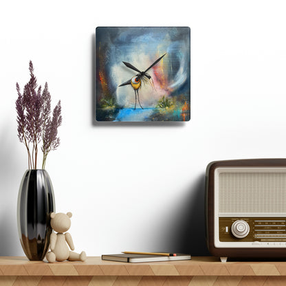 Abstract Bird Clock 'Warble' - Vibrant Wall Decor - Reprint by Asia Popinska - 10.75''×10.75'' - Acrylic, 1 of a kind item.