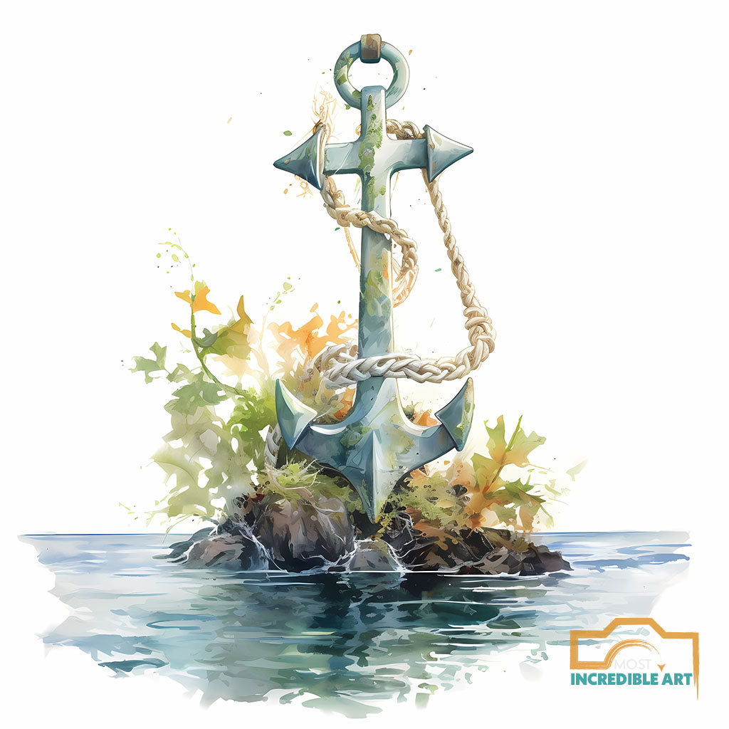 A beautiful boat anchor with rope depicted in a water wall art