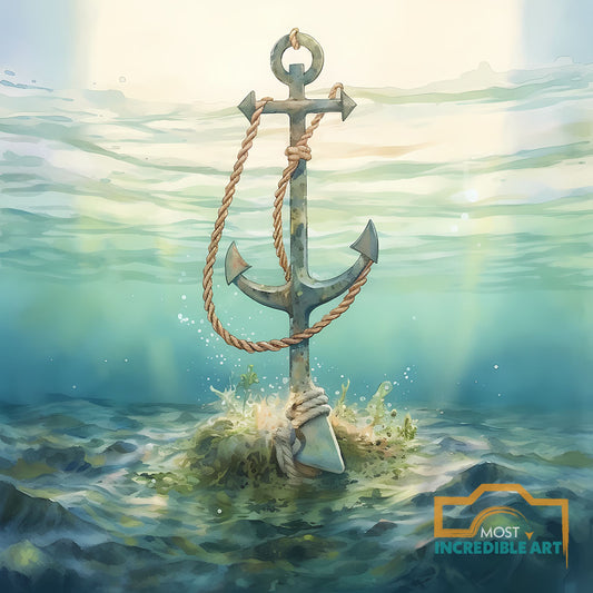 A beautiful boat anchor with rope depicted in a water