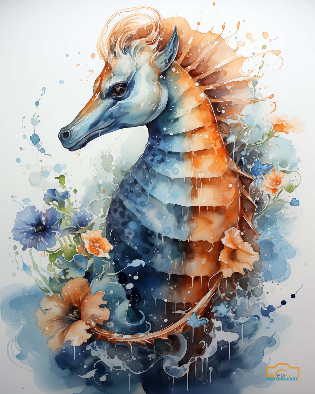 Colorful Sea Horse Watercolor Painting | Royalty-Free Digital Download