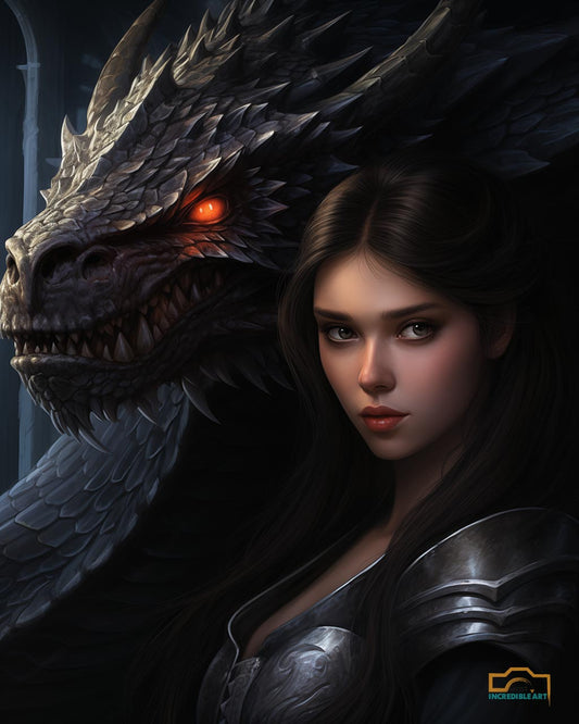 Beautiful Dark Haired Girl and the Dragon Art, Fantasy Digital Download