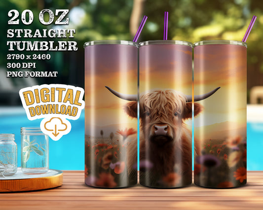 Highland Cow in Summer Field PNG - 20 oz Tumbler Digital Download