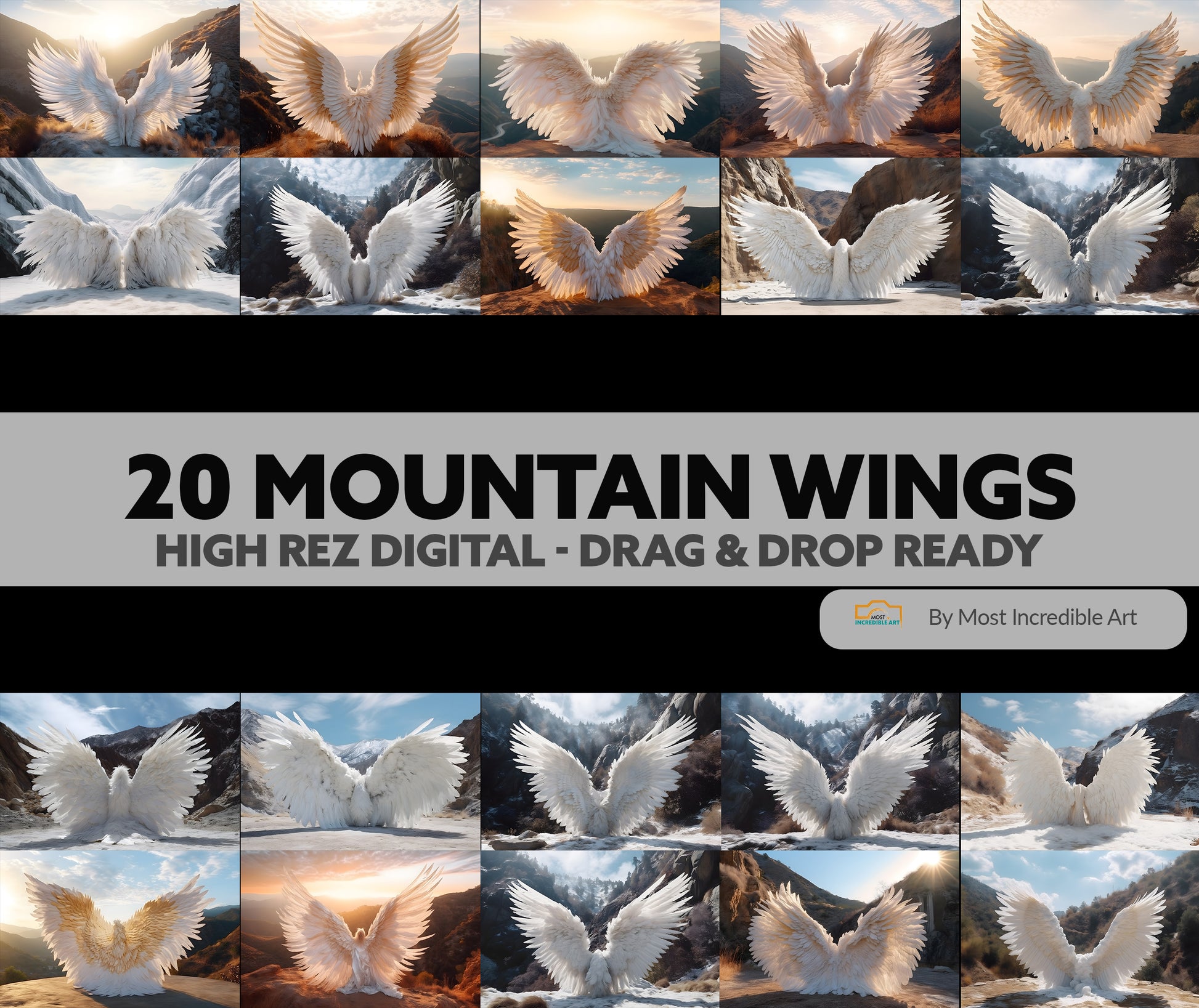 Enchanting Celestial Wings - 20 Digital Backgrounds of Wings on Majestic Mountains