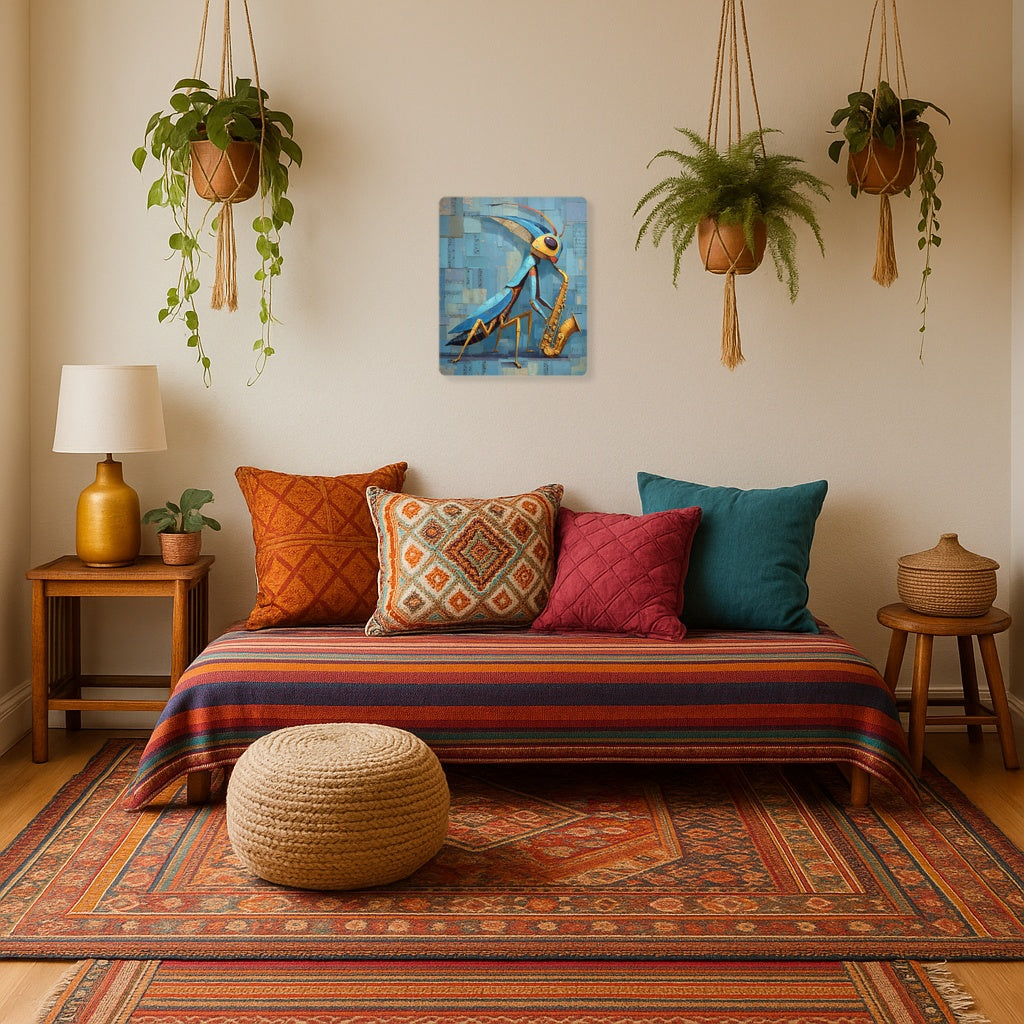 Vibrant Praying Mantis Saxophone Metal Wall Art in Muted Blue